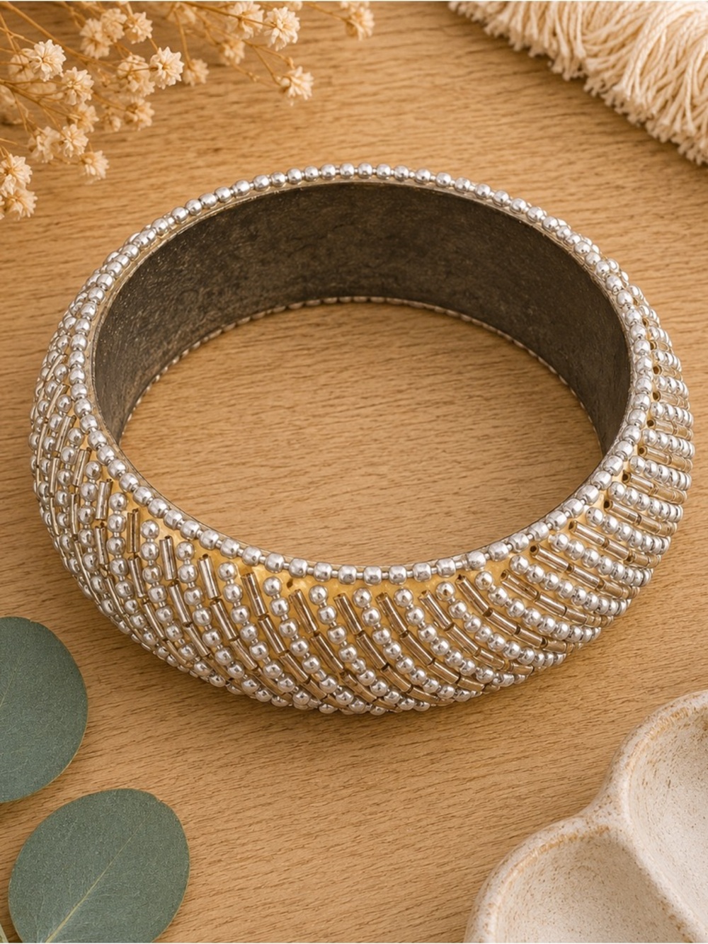 Chunky Gold Silver Mixed Metal Beaded Statement Bangle Bracelet
